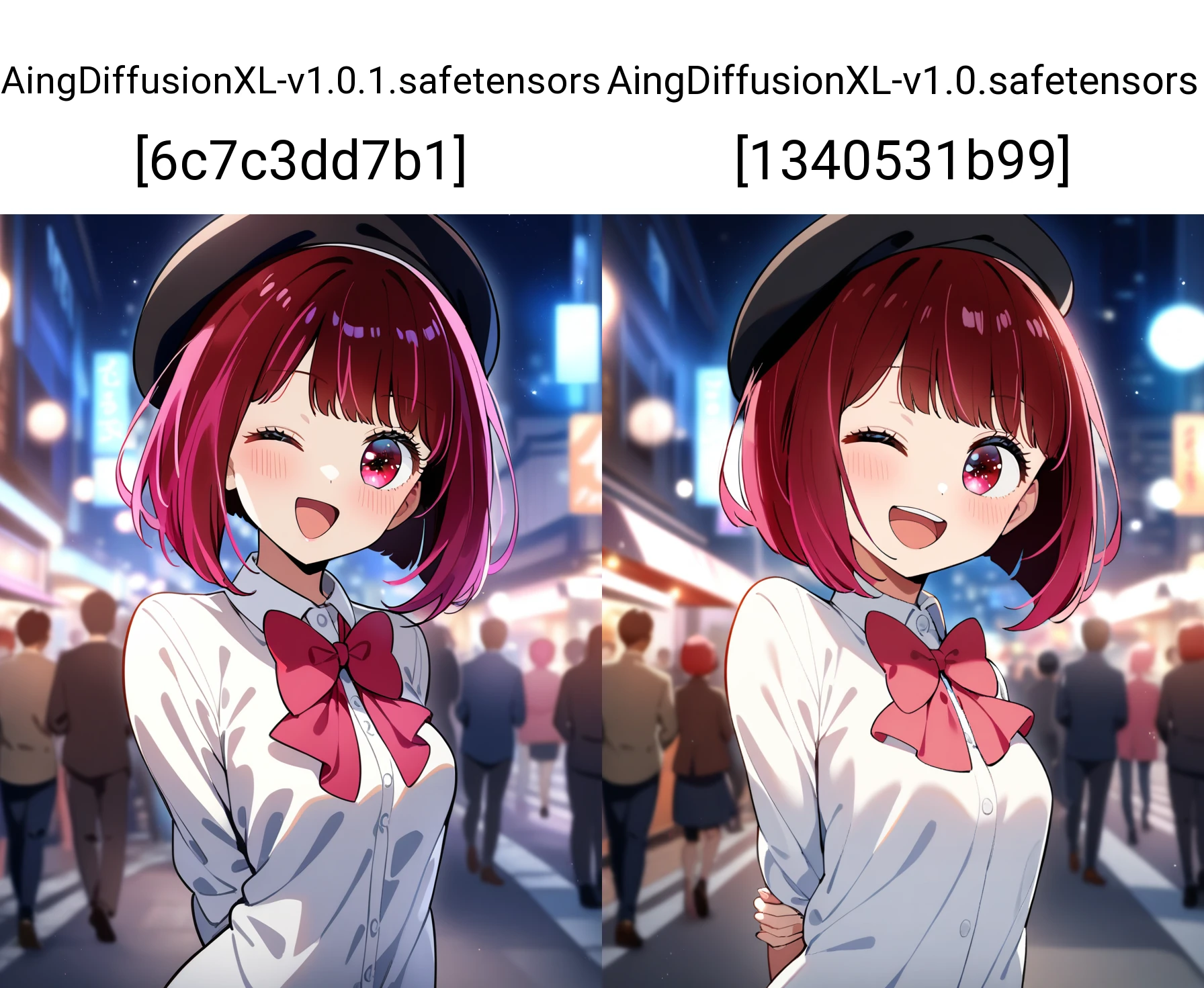 1girl, solo, arima kana, oshi no ko,
short hair, red hair, red eyes, small breasts, white shirt, collared shirt, bowtie, open mouth, smile, one eye closed, beret, arms behind back,
night, street, crowd, bokeh, blurry background, wind,, masterpiece, best quality, very aesthetic, absurdres,
