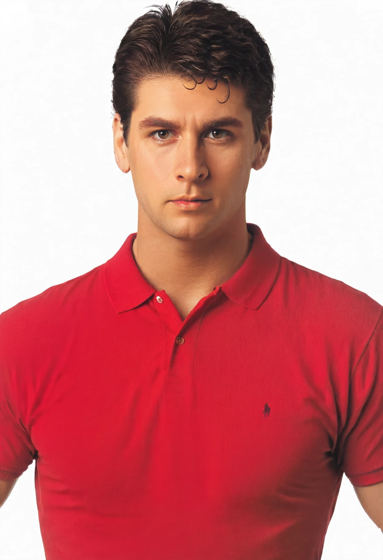 photo of ryanperson <lora:ryan_xl_epoch_8:1> wearing a fitted red polo shirt, looking at viewer, against white background