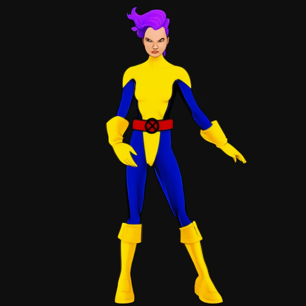 xmblzxl, 1girl, solo, gloves, purple hair, boots, bodysuit, belt, yellow gloves, yellow footwear, belt, two tone bodysuit, yellow bodysuit, blue bodysuit