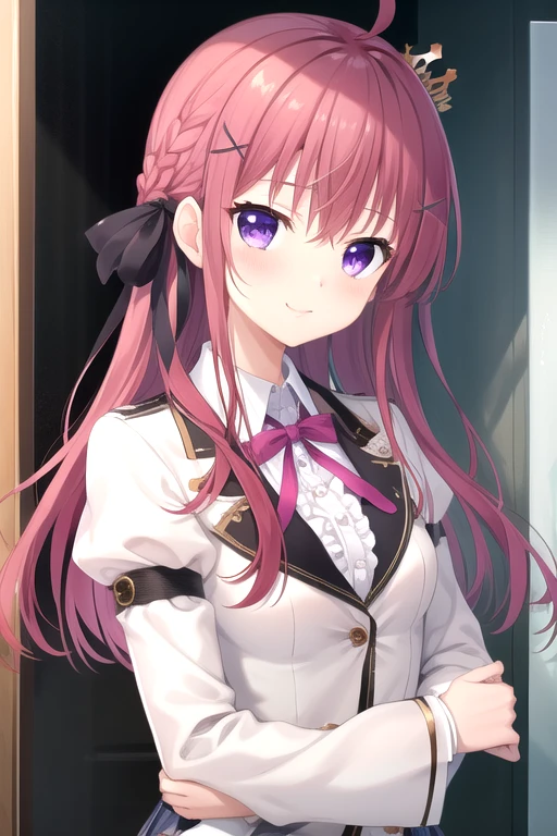 ((masterpiece)),(best quality),official art,extremely detailed CG,unity 8k wallpaper,ultra detailed,beautiful detailed eyes,extremely detailed face,outdoors,1girl,solo,upper body,(portrait:1.5),looking at viewer,facing viewer,smile,(petite:1.3),Ousaka Asuha,crown,tiara,ahoge,long hair,dark red hair,shiny hair,floating hair,braid,hair intakes,black hair ribbon,hairclip,x hair ornament,sidelocks,hair between eyes,bangs,purple eyes,school uniform,(white jacket),wing collar,pink neck ribbon,white shirt,collared shirt,center frills,large breasts,underbust,puffy detached sleeves,long sleeves,black skirt,pleated skirt,plaid skirt,frilled skirt,zettai ryouiki,black thighhighs,loafers,<lora:Ousaka Asuha(ac):0.8>,