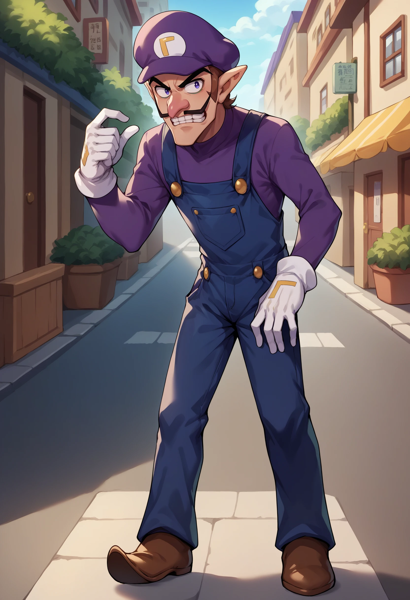 score_9, score_8_up, source_anime, 1boy, solo, Waluigi, mustache, teeth, pointy ears, brown hair, hat, purple headwear, purple shirt, long sleeves, overalls, white gloves, brown shoes, outdoors, street, standing, <lora:ChamWaluigiPonyXL:1>