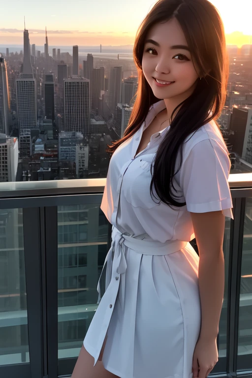 real, (realistic), super detailed, (4k), 8k, 21 year old woman stands in front of glass window overlooking downtown skyline at sunset, smiling