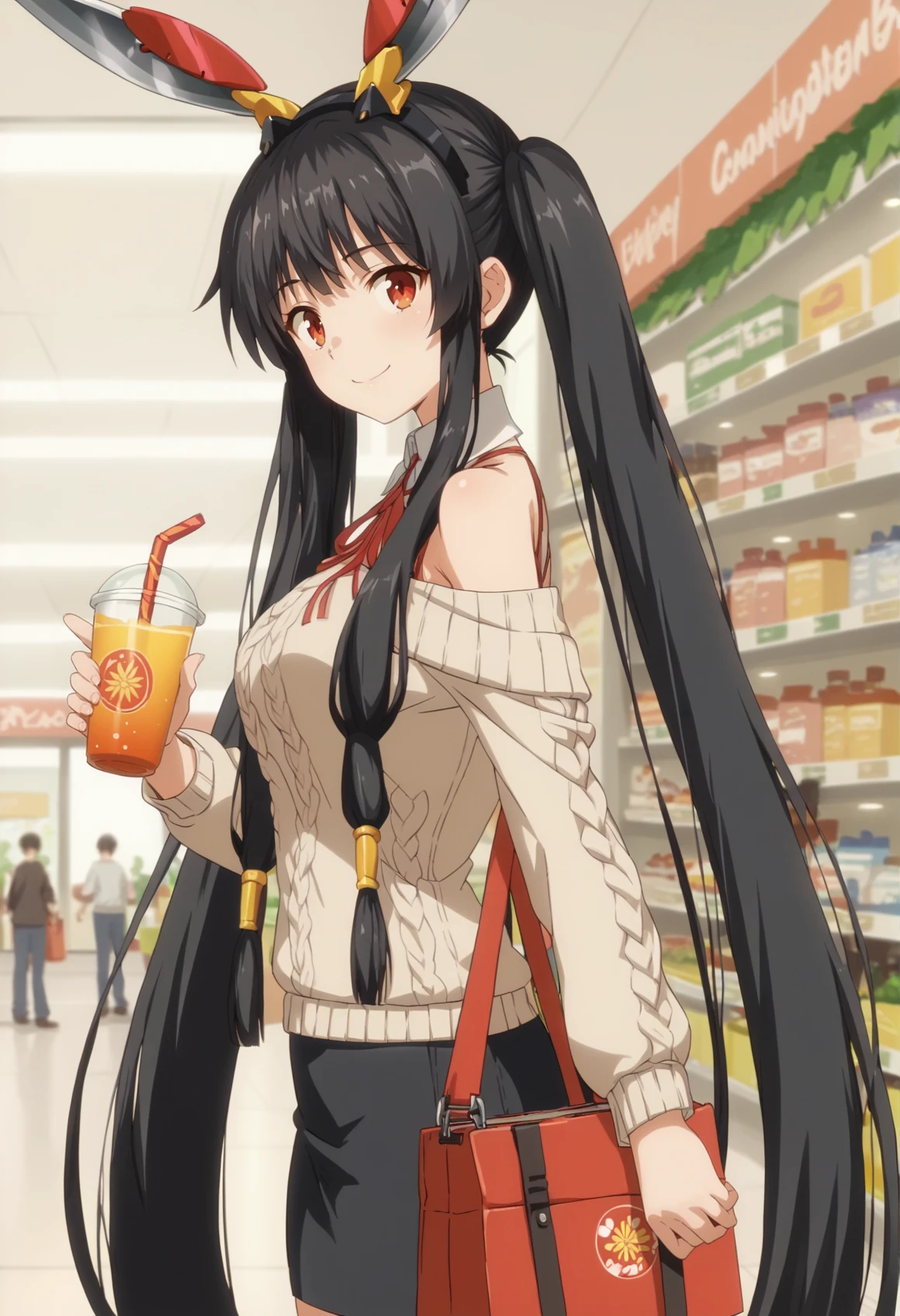 1girl, solo, very long hair, black hair, red eyes, sidelocks, twintails, hair ornament, detached collar, curvy, knitted sweater, bare shoulders, pencil skirt, from side, outdoors, smile, looking at viewer, holding drink, shopping mall, anime screencap <lora:Kaguya_Queens_Blade_Grimoire_XL:1>, score_9, score_8_up, score_7_up, score_6_up, score_5_up, score_4_up, BREAK source_anime, masterpiece