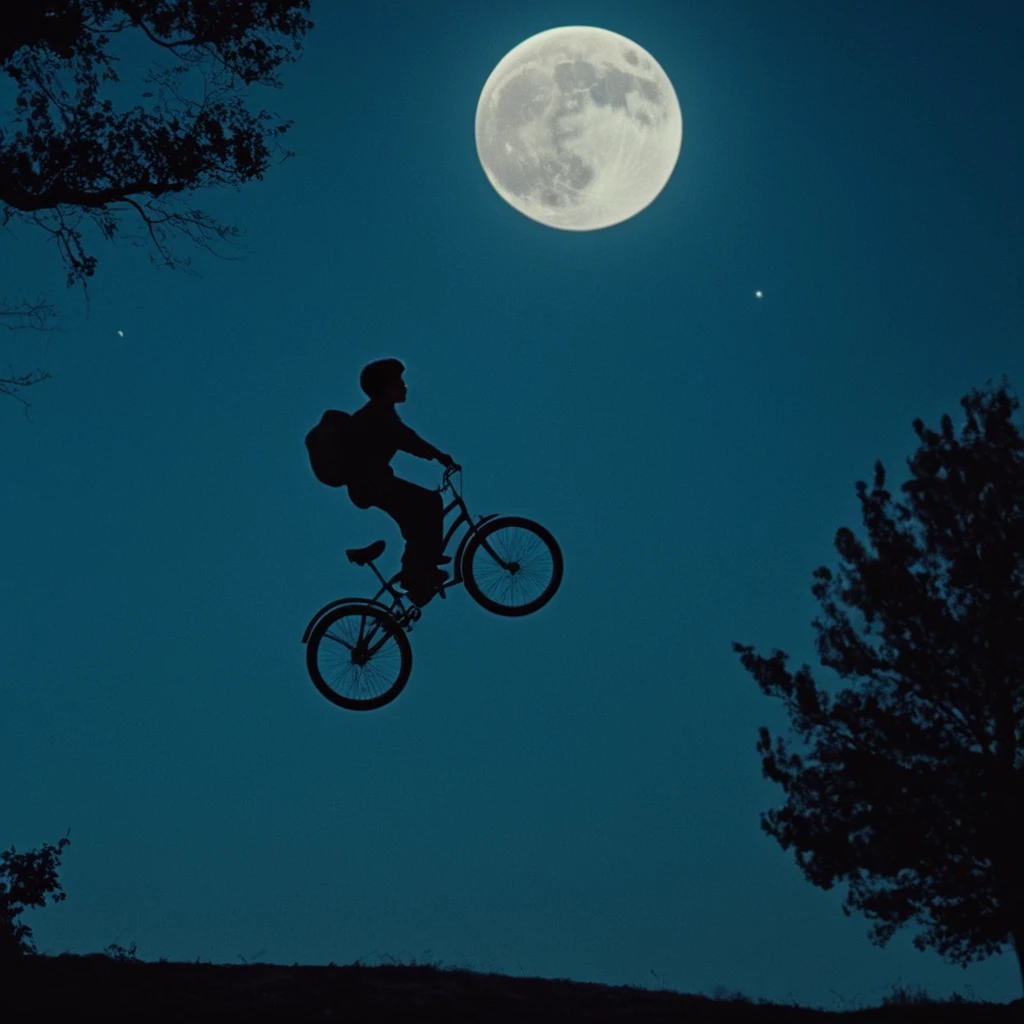 cinematic film still of <lora:1980's style:1>
In the 1980's a person hovering on a bike in the air with full moon in background in a scene from et movie,1boy,monochrome,outdoors,sky,cloud,tree,night,moon,ground vehicle,star (sky),scenery,full moon,blue theme,silhouette,planet,bicycle,wheelchair , realistic,realism, detailed, perfection,perfect,filmic,retro,vintage,classic,different haircut,different look,different style,different people, 1980's style , 1980 style, shallow depth of field, vignette, highly detailed, high budget, bokeh, cinemascope, moody, epic, gorgeous, film grain, grainy