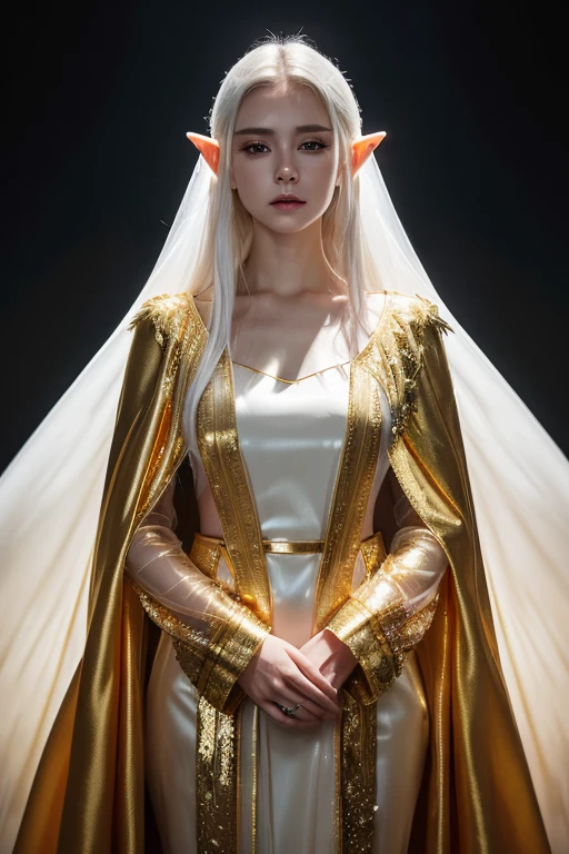(RAW, professional,masterpiece:1.2), (melancholic:1.2), cinematic lighting, 20 years old, 1girl, elf ear,(transparent golden silk cloak with golden dress), white blank background night, white hair, dark dramatic, Exaggeration, Dark Aesthetic, portrait, half body
