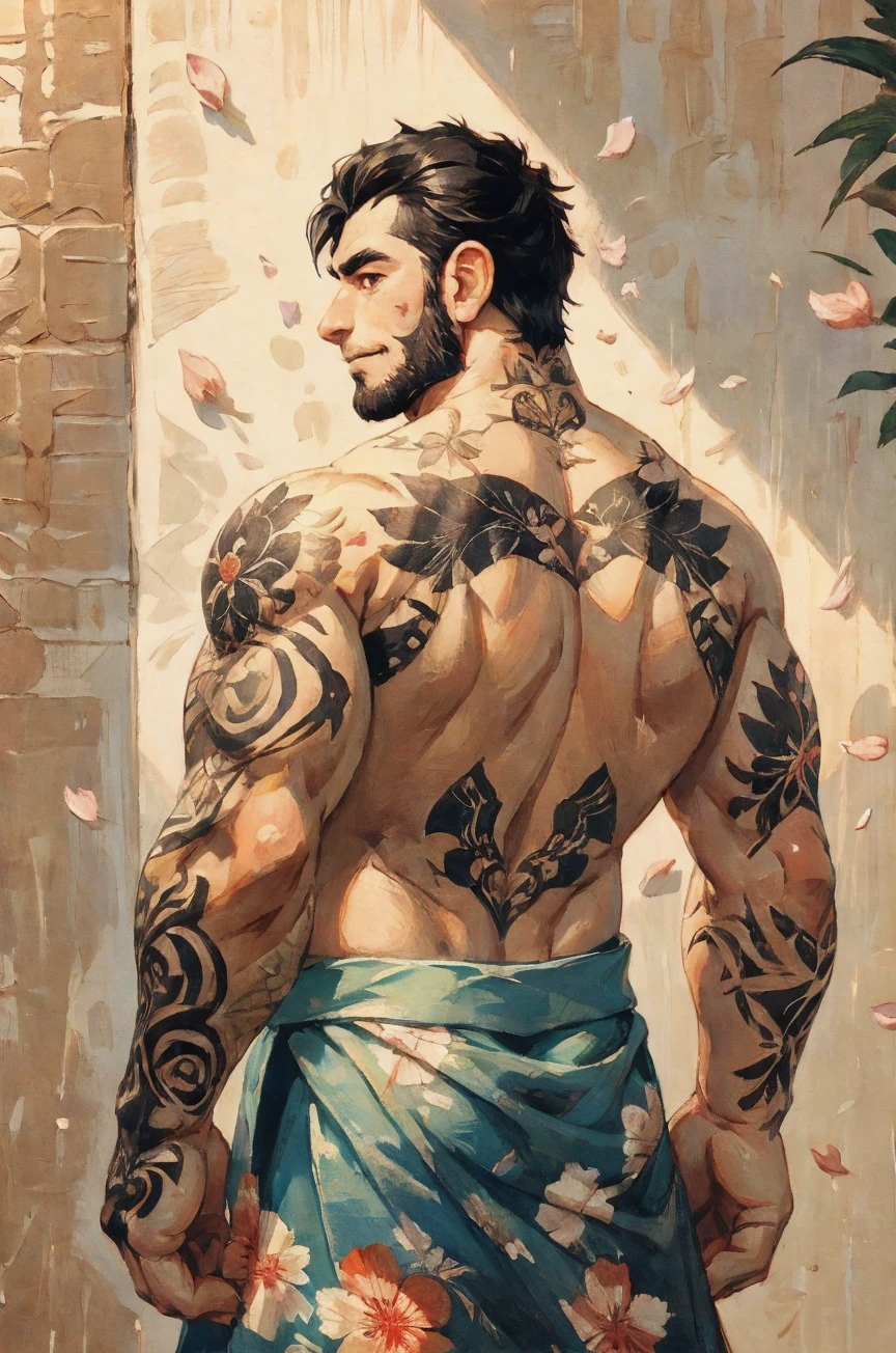 traditional painting of Japanese (1man), floral, exposed shoulders, from behind, handsome, black hair, smirk, shoulders tattoos, back tattoos, falling petals, beautifully backlit, wideshot