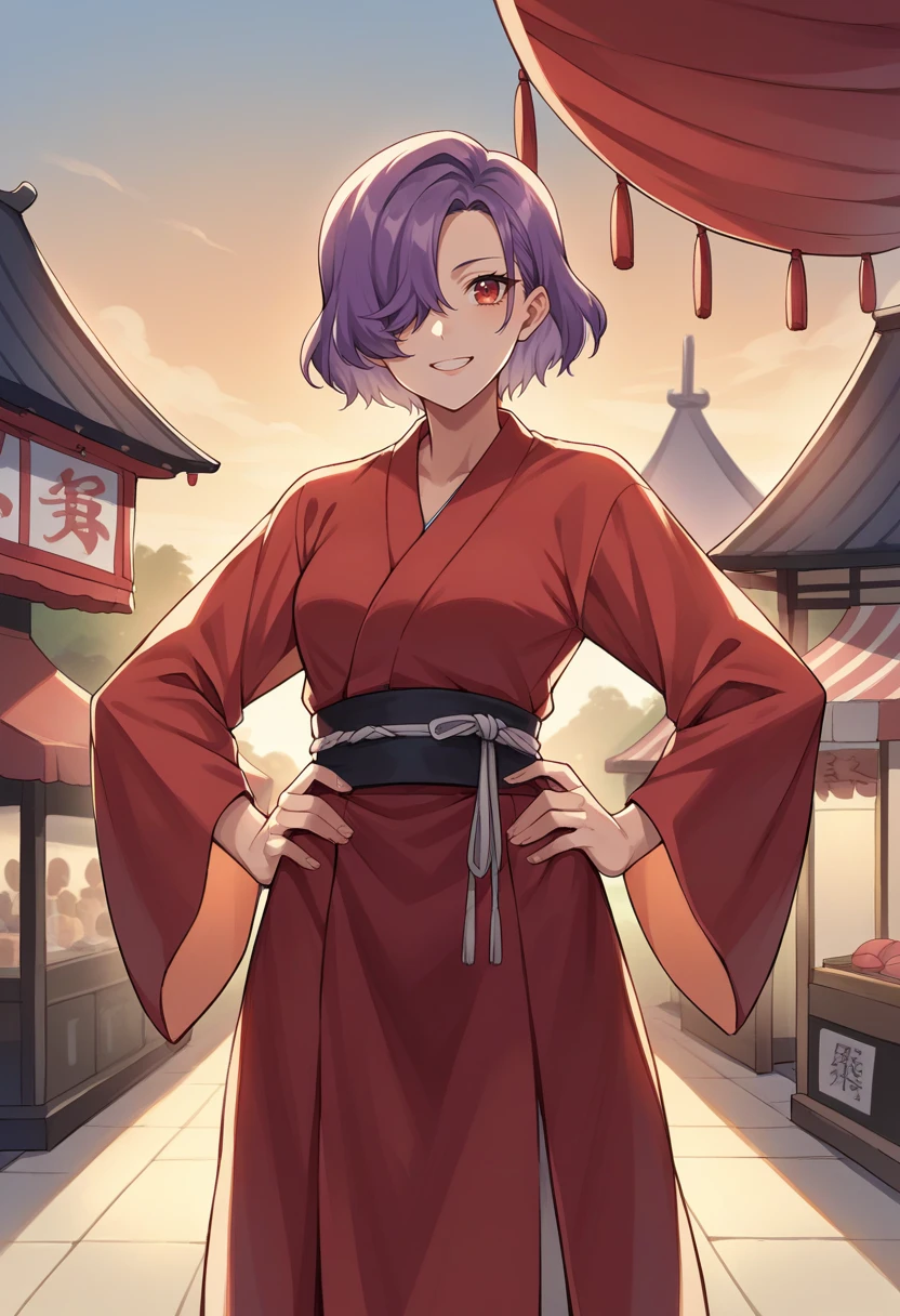 score_9, score_8_up, score_7_up, source_anime BREAK 1girl, solo,  <lora:zs_ErinaXL:1> erinap5t, short hair, hair over one eye, purple hair, smile, red yukata, festival, stalls, japanese town, sunset, looking at viewer, hands on hips