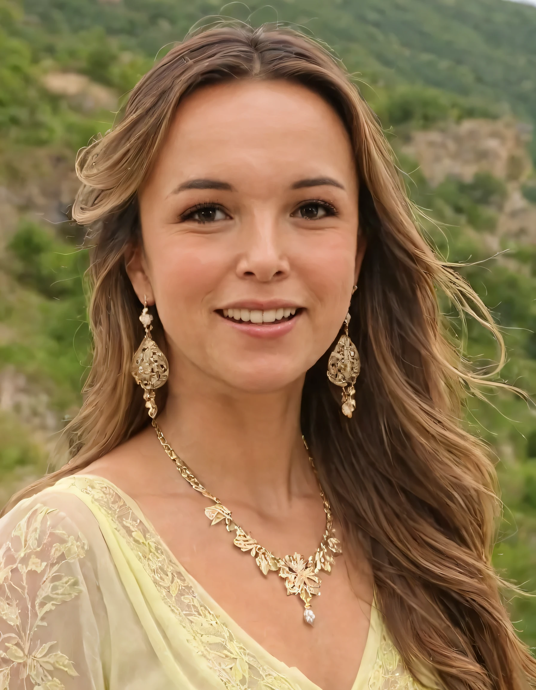 A radiant woman, sporting a stunning outfit with Pierson accessories, including exquisite earrings and vibrant jewelry adorning her long hair that falls softly over her shoulders; capturing the essence of her personality, she stands in an enchantingly picturesque location, gazing into the distance as she looks at the viewer with a heartwarming smile, revealing her striking brown eyes, parted lips, and the allure of her delicate features, making this scene unforgettable. pierson <lora:znxvsx18e96dd7726m59d:1>