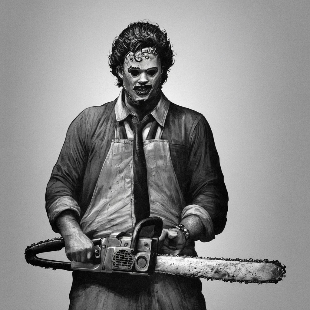 Horror-themed,  <lora:Leatherface:0.9>
Leatherface a drawing of a man with a chainsaw,The Texas Chain Saw Massacre style,solo,looking at viewer,simple background,shirt,1boy,white background,jacket,monochrome,weapon,greyscale,male focus,belt,pants,sword,facial hair,katana,sheath , realistic, sharp, detailed, classic, 1970's, horror, photography, artistic, perfect chainsaw, crazy, Eerie, unsettling, dark, spooky, suspenseful, grim, highly detailed