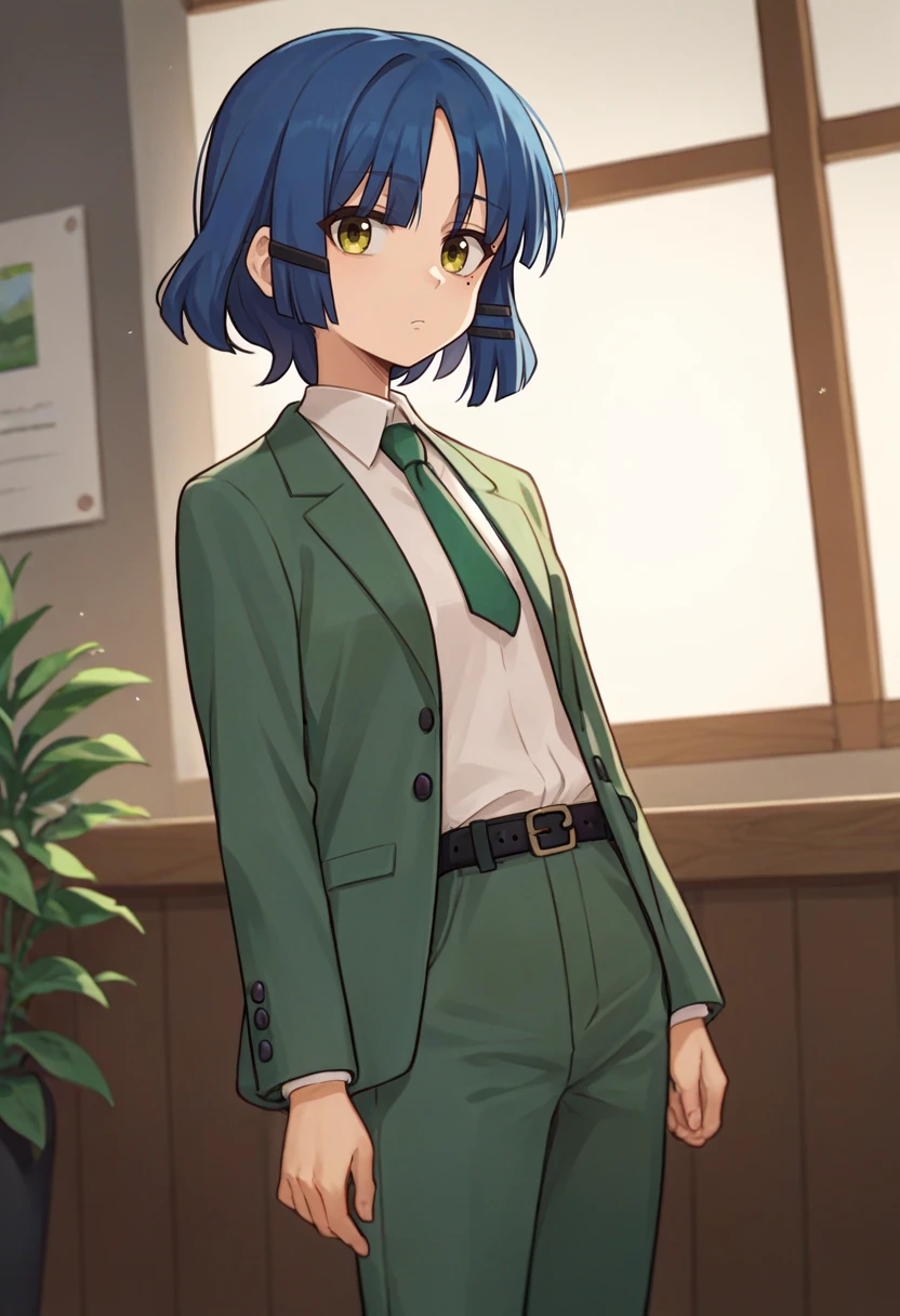 score_9, score_8_up, score_7_up, source_anime, solo, 1girl, yamada ryo, mole under eye, expressionless, looking at viewer, standing, blue hair, hairclip, formal, green suit, green jacket, white necktie, green pants, black belt, indoors <lora:bocchi_yamada_ponyXL:1>