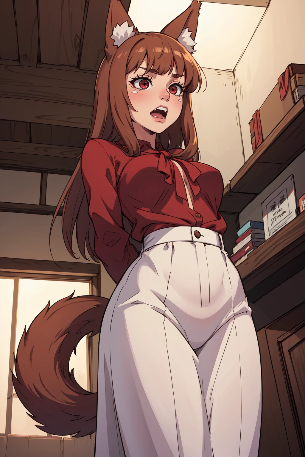 (masterpiece,best quality,absurdres,beautiful,aesthetic,detailed),
BREAK
holo,	Ookami to Koushinryou,fangs, tail, real dog ears, red eyes, brown hair, long hair,<lora:HoloSpiceAndWolf_TEKKIO:0.7>,tearing up
BREAK
(blouse:1.3)
BREAK
(leaning towards:1.3)_(arms behind back:1.3)
BREAK
(from below:1.3)
BREAK
(location:1.3)