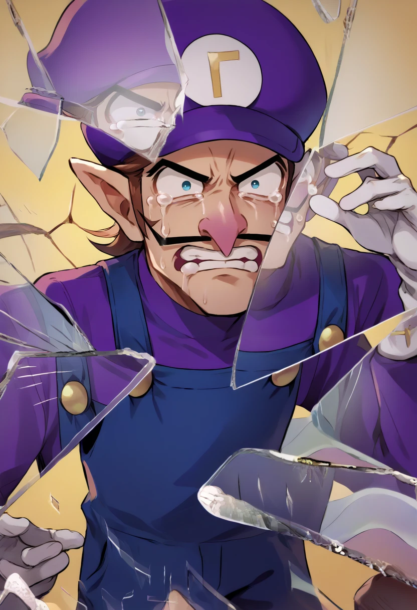 score_9, score_8_up, source_anime, 1boy, solo, Waluigi, mustache, teeth, pointy ears, brown hair, hat, purple headwear, purple shirt, long sleeves, overalls, white gloves, brown shoes, crying, IncrsXLBrknGls, broken glass, reflection, upper body, <lora:ChamWaluigiPonyXL:1>, <lora:BreakingGlassXLPDCAME:1>