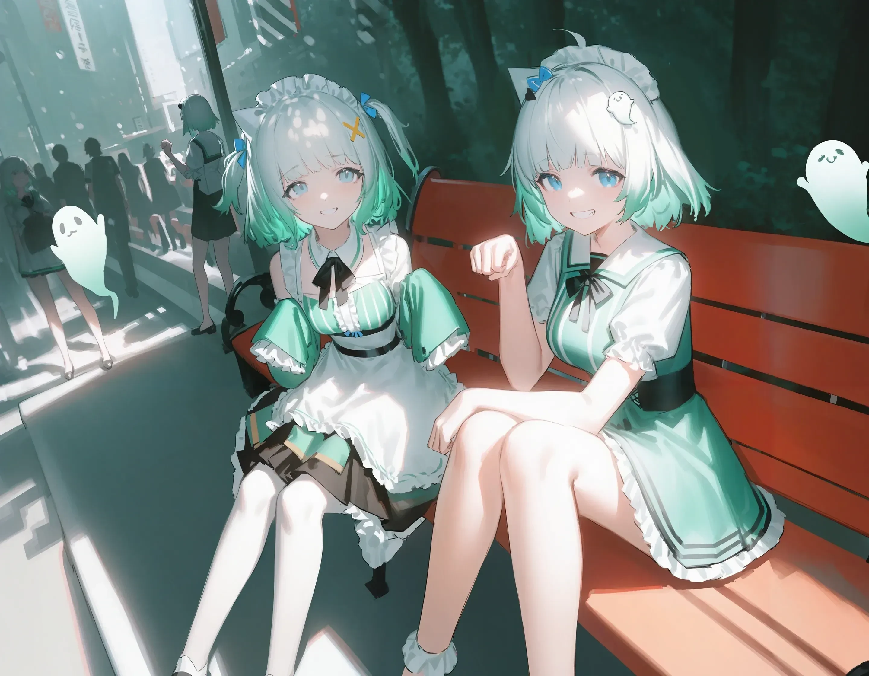 2girls, mint fantome \(sailor\), reoen, official art, arknights,
maid headdress, black ribbon, blue ribbon, blue eyes, gradient hair, ghost, feet out of frame, 
akihabara \(tokyo\), ghost hair ornament,
sitting, bench,
looking at another, grin, dappled sunlight,
best quality, masterpiece, perspective,
<lora:char_mintfantome-v2_1_res:1> <lora:artist_multi_xl-v2.7:1>