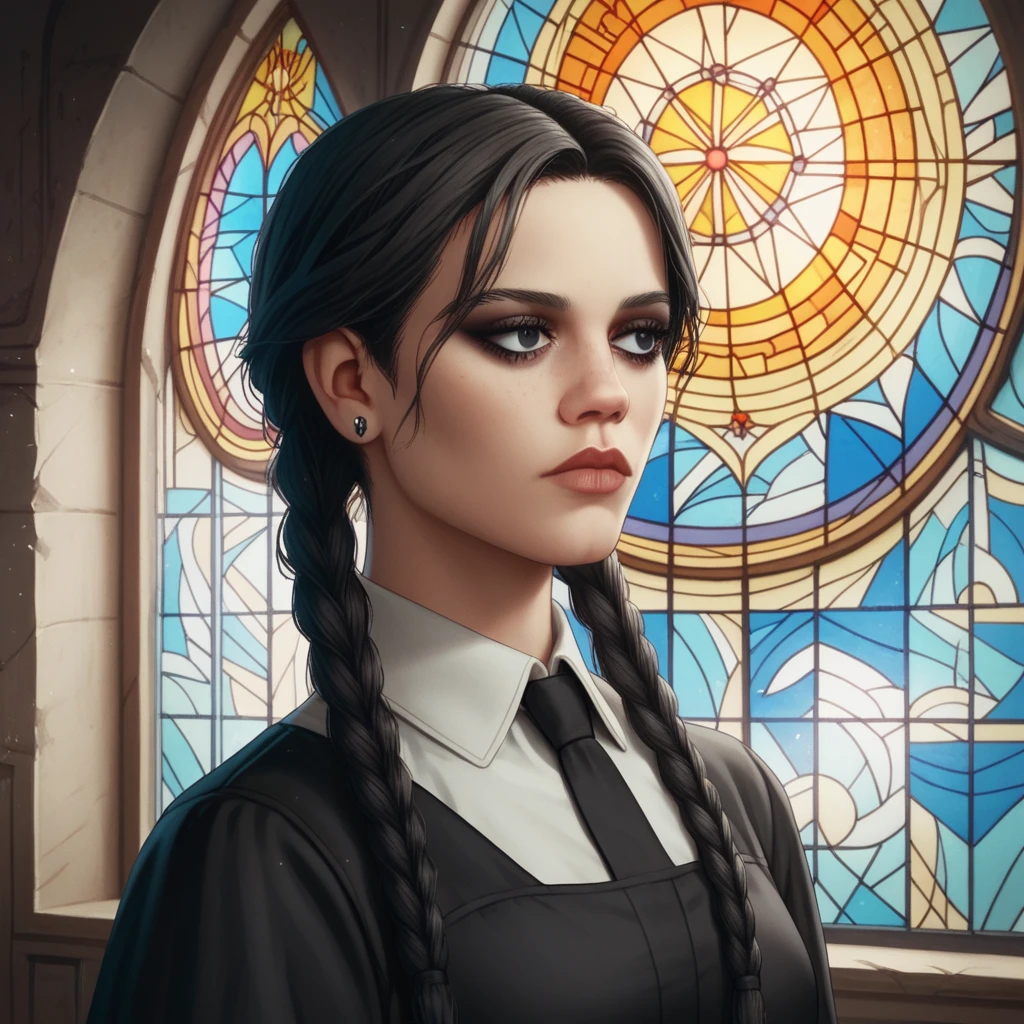 score_9, score_8_up, score_7_up, score_6_up,source_anime,anime 2d, beautiful wednesday addams in a gothic mansion, color stained glass window, dusty, mysterious, beautiful black eyes, braided black twintails,  jenxortega, <lora:jenortega_ponyxl_autism_standard_xl_1_jenxortega-000097:0.8>
