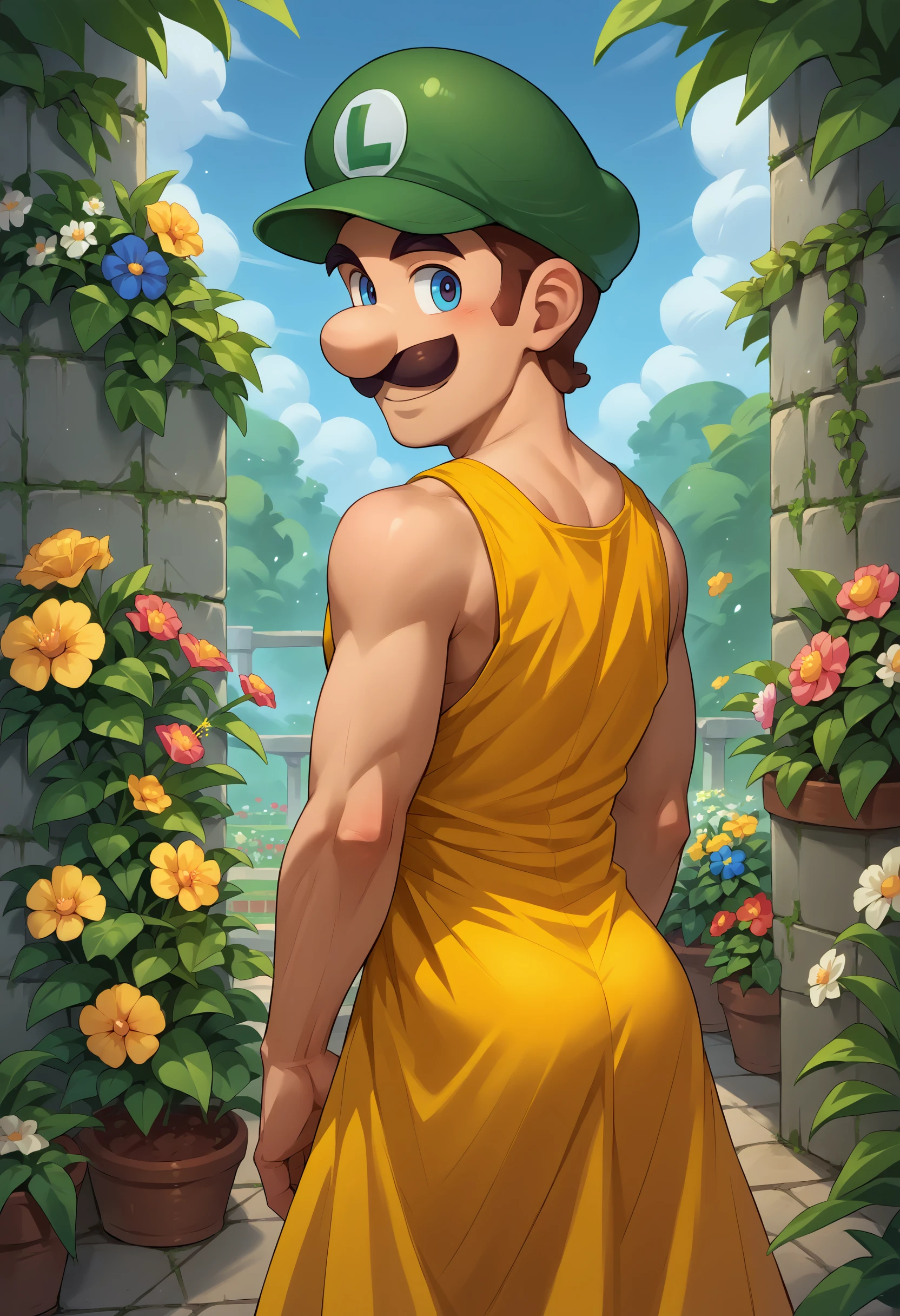 score_9, score_8_up, score_7_up, source_anime, 1boy, solo, male focus, Incrsluigi, luigi, green headwear, cowboy shot, smile, <lora:Luigi_XLPD:1>, from behind, yellow sundress, garden, flower, looking at viewer,