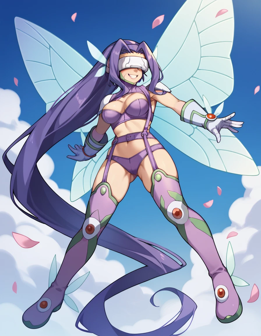 score_4, score_5, score_6, score_9, score_8_up, score_7_up, 1girl,  <lora:kazemon:1> kazemonxl, kazemon, visor, purple hair, very long hair, digimon (creature), hair ornament, covered eyes, purple bikini, garter straps, purple belt, thigh boots, purple hairband, white gloves, butterfly wings, flying, petals, cloudy sky, blue sky, light smile,