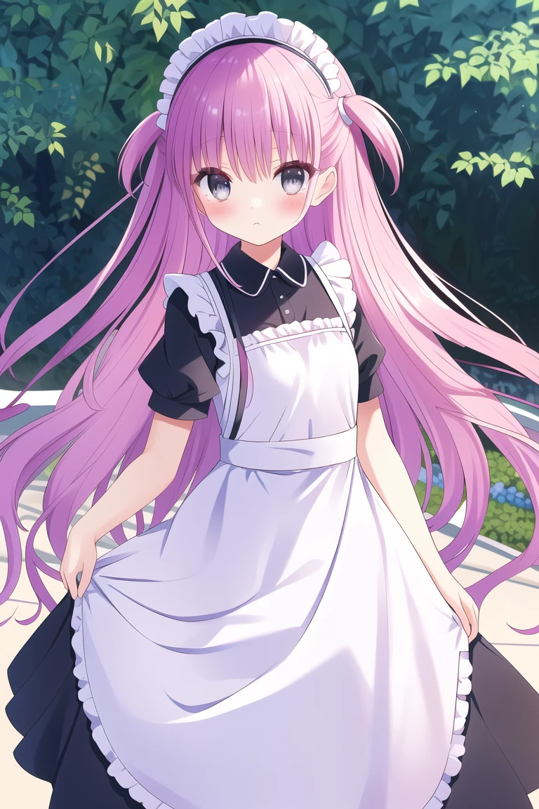 ((masterpiece)),(((best quality))), ((ultra-detailed)), ((illustration)), masterpiece, best quality, highres, {beautiful detailed eyes}, finely detail, 4k wallpaper, beautiful detailed eyes,
(umi:1), (solo:1.1), (maid:1.2), (endlessly growing absurdly long pink hair:1.3), (two sides up:1.2), (standing in a garden:1.2), (wearing maid apron, maid headdress:1.2), (very small breasts, flat chest:1), (very shy, blush:1.2), (grey eyes:1.0), maid, (close-up:1.1)
<lora:umi-05:0.7><lora:BA_style:0.2>