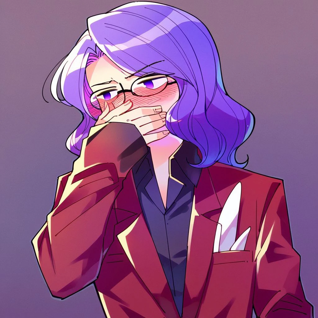 score_9, score_8_up, score_7_up, score_6_up, score_5_up, score_4_up,, 1boy, purple hair, wavy hair, purple eyes, Red jacket, black shirt, collared shirt, red pants, formal, Glasses, portrait, empty eyes, looking to side, covering mouth, blush