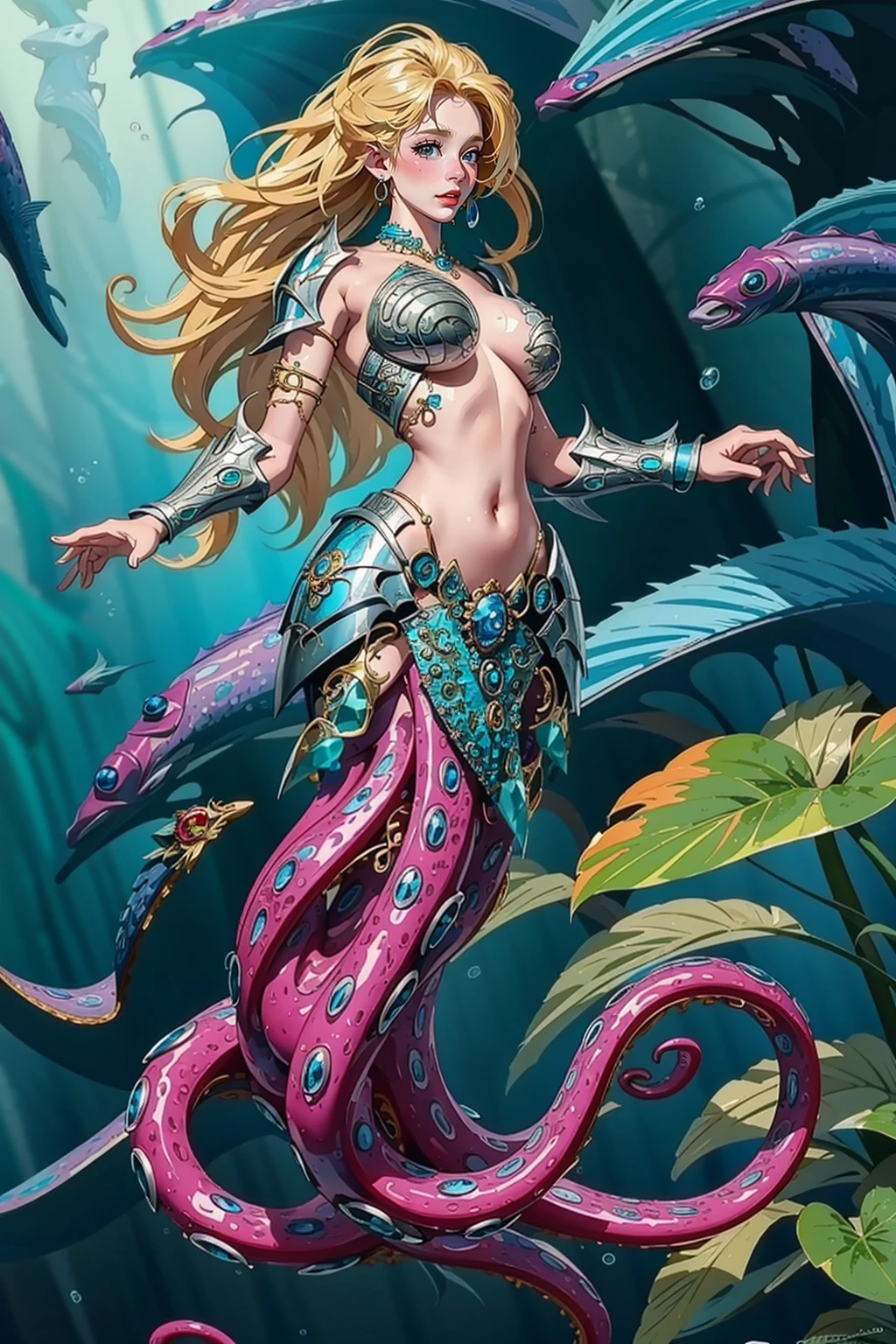 (masterpiece:1.2, best quality), (photorealistic:1.2, intricate details), solo, ((monster girl)), 1girl, scylla, tentacles, colored skin, full body, jewelry, navel, suction cups, underwater, armor, breast armor, long, hair, fish, huge breast <lora:Octopus:1>