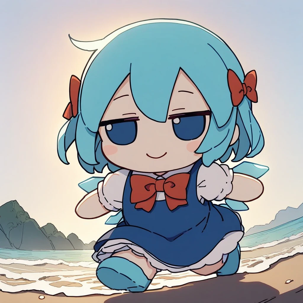 <lora:xl_fumo_(doll)(a3.1) :1>, 1girl, blue eyes, blue hair, dress, short hair, bow, blue dress, solo, blue bow, blue footwear, hair bow, shirt, short sleeves, white shirt, ice wings, smile, collared shirt, wings, pinafore dress, sleeveless, ice, red bow, sleeveless dress, shoes, puffy short sleeves, red bowtie, blush stickers, closed mouth, masterpiece,best quality,