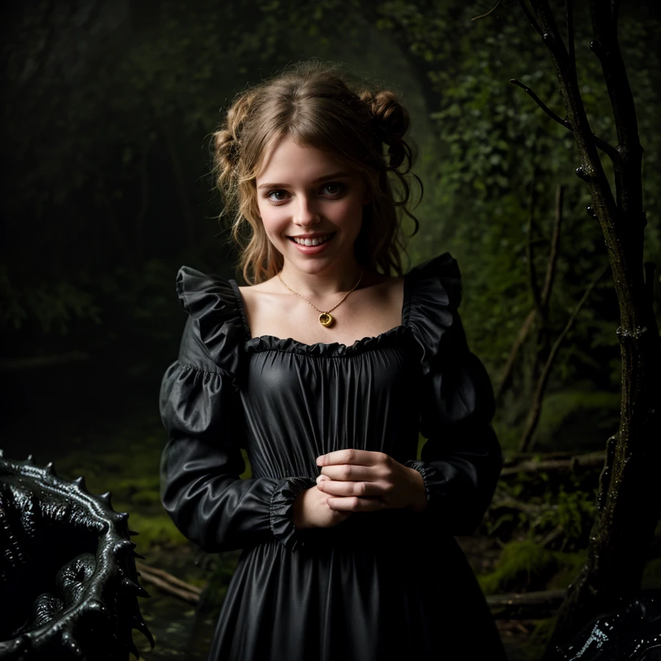 (atmospheric cinematic still, full body:1.15), (woman-animal hybridization chimera:1.3) , (innocent slender Slavic woman:1.175) wearing an awkward Victorian dress with black lace and frilly sleeves and a strange pattern, (modelshoot style, analog style, strong gloom:1.125), f2.8, (remarkable lifelike raw photo:1.1), (correct_fingers, feminine_anatomy, correct_eyes:1.15), (cute nose:1.1), remarkable epic nature landscape, (eerie black slime monster:1.35) in smooth background, playful expression, cluttered jungle with lots of wet woods, moist skin wet texture, sfw, smile, long blonde hair, jewelry, (teeth, grin:0.75), (joyful, turbulent emotions:1.165), (realistic hands:1.225),(wet dark carbon boulders in swirly bokeh:0.75), (shallow depth_of_field, (rim light:1.15), dreamy Rembrandt lighting, analog film grain:1.3), (vignette, cinemascope:0.85), extreme realism, finest texture, incredibly lifelike, (gray-blue-green:0.7)