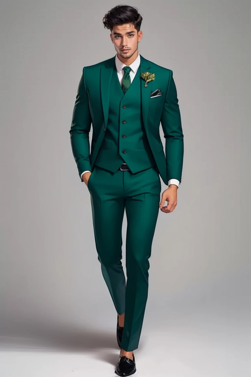 <lora:detail_slider_v4:1> 1boy  <lora:3m3r4ldsu1t:0.75>  3m3r4ldsu1t, green jacket, full body, shoes, green vest, green pants, grey background, simple background,