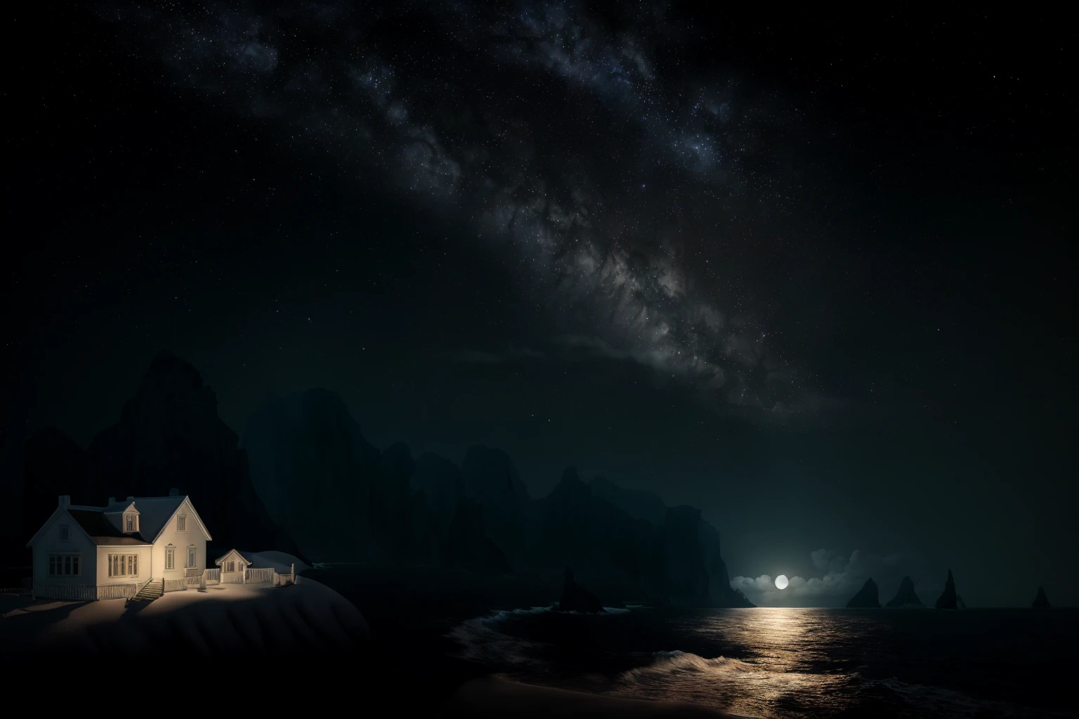 masterpiece, ultra-detailed, best quality, illustration, 8k cg wallpaper, an extremely delicate and beautiful, stunning landscape, beach, lighthouse, moon, stars, clouds, intricately detailed items in background, <lora:NeverAlone:1>