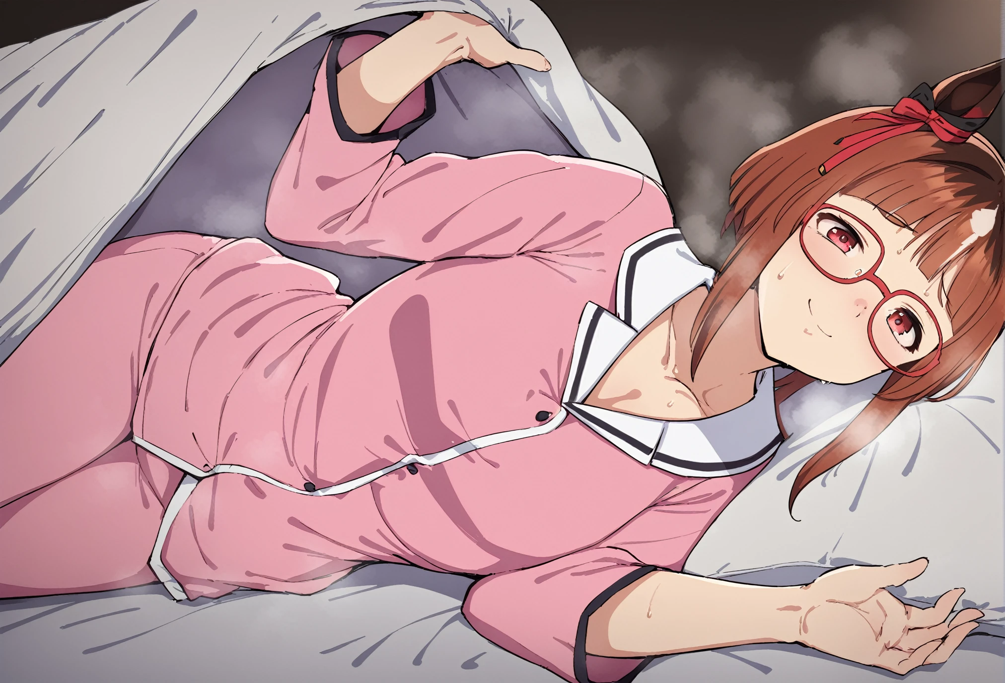 <lora:[SDXL][Chara]ååSDXL_transcend_v1:0.55><lora:alp_xl_locon32(alp)-000005:0.92><lora:[SDXL][Concept]éªç¡pov_across_bed_invitation_v05a:0.85>,
masterpiece,best quality,alp,1girl, transcend\(umamusume\), glasses,  smile, closed mouth,   on side,  pink pajamas, pov across bed, lifting covers, pillow , under covers, steam, steaming body,  sweat,