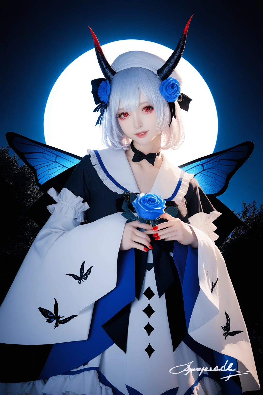1girl, solo, bug, red eyes, butterfly, hat, blue flower, flower, holding flower, hat bow, rose, wings, smile, blue rose, bow, holding, horns, long sleeves, blood, moon, black bow, looking at viewer, white hair, short hair, choker, frills, white headwear, sailor collar, cowboy shot, signature, wide sleeves, dress, artist name, :d, head tilt, frilled shirt collar, nail polish, bangs, white shirt, red nails, open mouth
