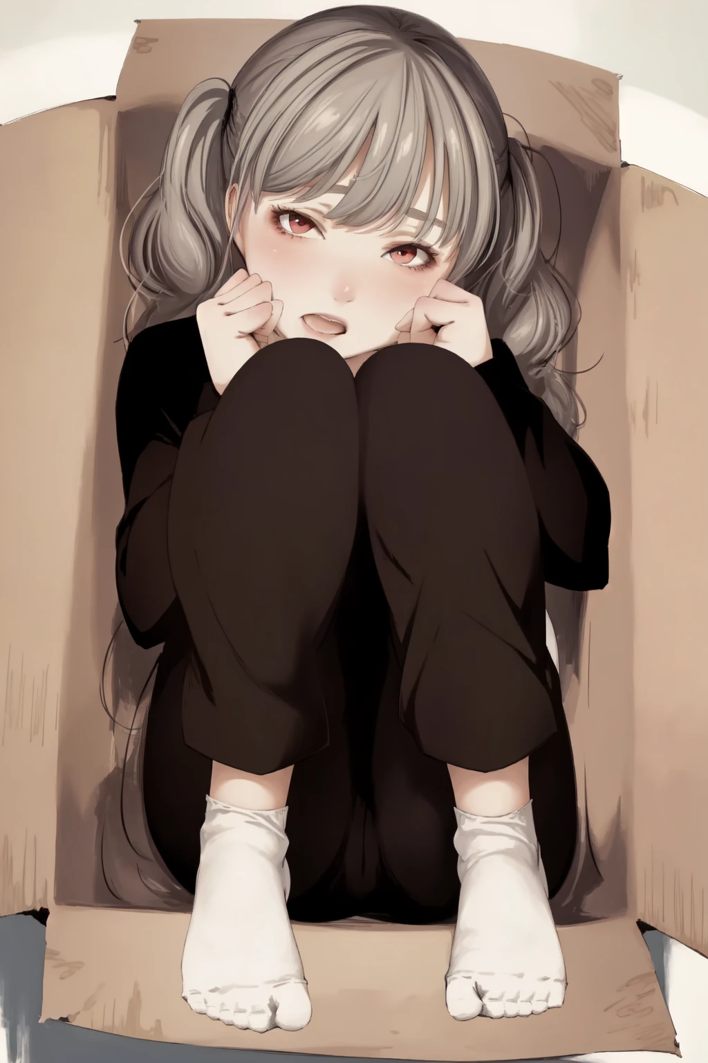 (masterpiece, best quality:1.2), 1girl, solo, looking at viewer, full-face blush, open mouth, bangs, gray hair, twintails, ahoge, red eyes, animal ears BREAK sweater, (black pants:1.2) BREAK (white socks) BREAK hands above head, foot focus, foreshortening, from above BREAK (insidebox, cardboard box:1.2) <lora:Poses\insidebox:1.0>