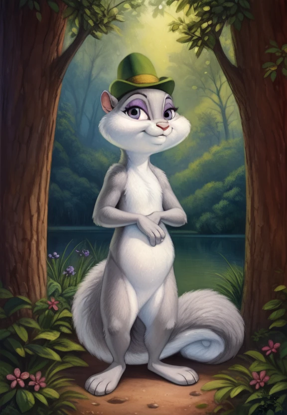 <lora:SlappySquirrelCartoonYif:0.85>     solo,   looking at viewer,   SlappySquirrelCartoon, Squirrel,smal  green hat with flower, purple eyelids, gray fur,   white sclera,
(beautiful, aesthetic, perfect, delicate, intricate, masterpiece, )  textured fur, [Forest,  lake, clouds, bushes,] standing
by s1m, by blotch, by pinkaxolotl,