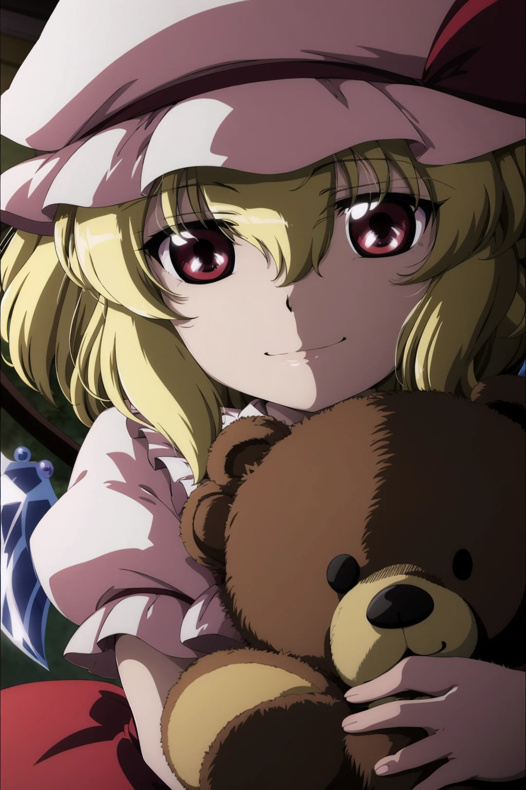 masterpiece, best quality, <lora:tgm-v2:1>,pixiv, 1girl, blonde hair, flandre scarlet, red eyes, hat, solo, smile, looking at viewer, mob cap, hair between eyes, teddy bear, wings, closed mouth, ribbon, stuffed toy, close-up, stuffed animal, hat ribbon, short hair, frilled shirt collar, light smile, shirt, frills, white headwear, crystal