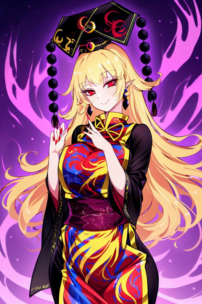 <lora:raptor7-80:1> , masterpiece,
raptor7, 1girl, solo, long hair, looking at viewer, smile, blonde hair, large breasts, red eyes, long sleeves, hat, dress, bow, jewelry, closed mouth, standing, earrings, sky, pointy ears, belt, wide sleeves, bowtie, water, nail polish, black dress, fingernails, hands up, sash, black headwear, chinese clothes, crescent, pom pom (clothes), yellow bow, long fingernails, tabard, red vest, brown belt, aura, planet, yellow bowtie, energy, earth (planet), phoenix crown, junko (touhou)