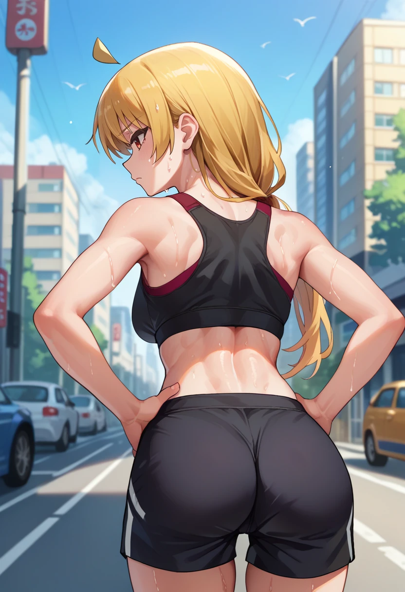 score_9, score_8_up, score_7_up, source_anime, from behind, solo, 1girl, ijichi seika, sweat, expressionless, looking back, hands on own hips, ahoge, black sports bra, black shorts, ass, outdoors, city street <lora:bocchi_seikaijichi_ponyXL:1>