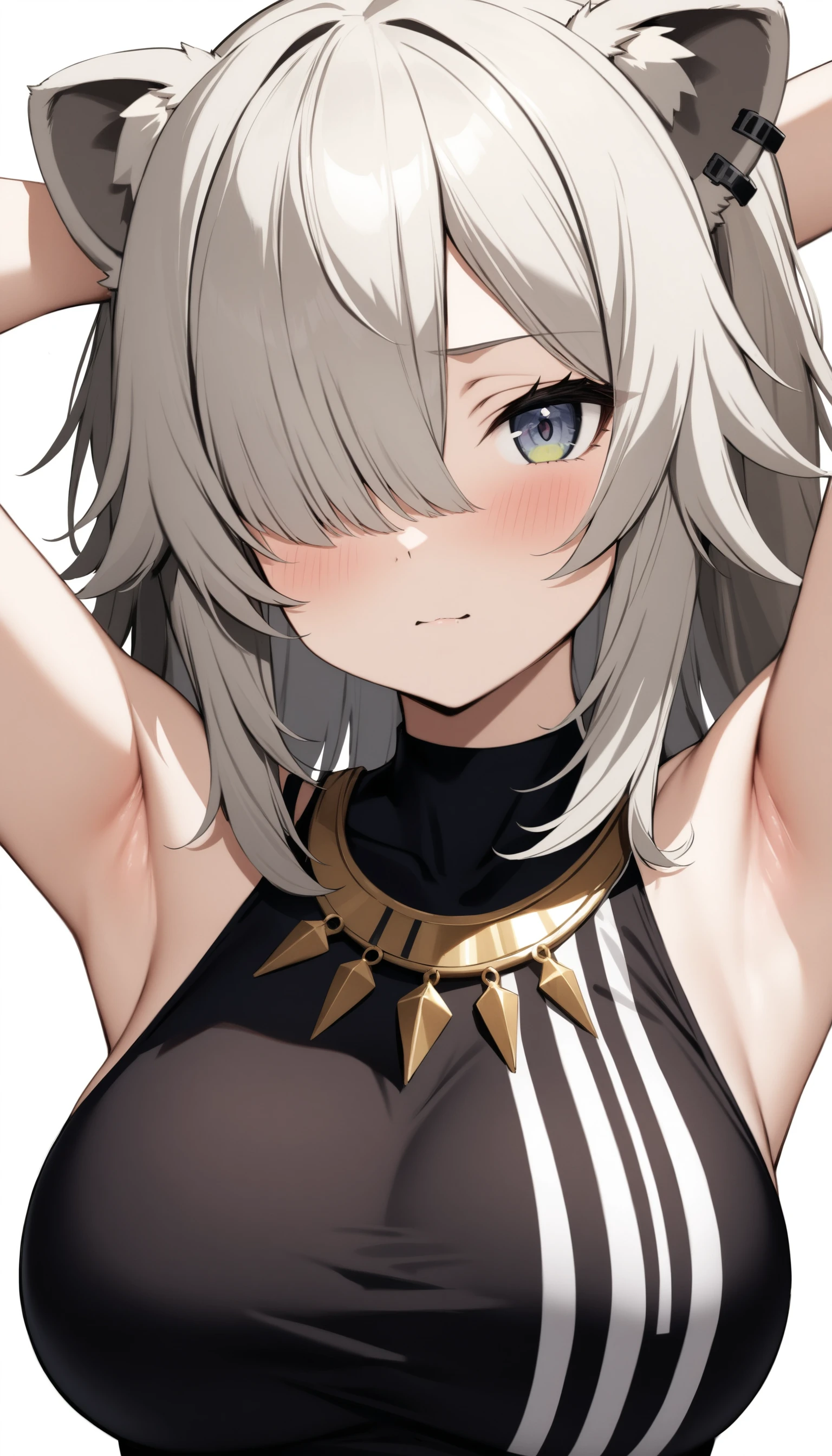 (masterpiece, best quality, very aesthetic, ultra detailed), intricate details,
1girl, shishiro botan, hololive, multicolored hair, lion ears, virtual youtuber, hair over one eye, upper body, armpits, arms up, large breasts, simple background,