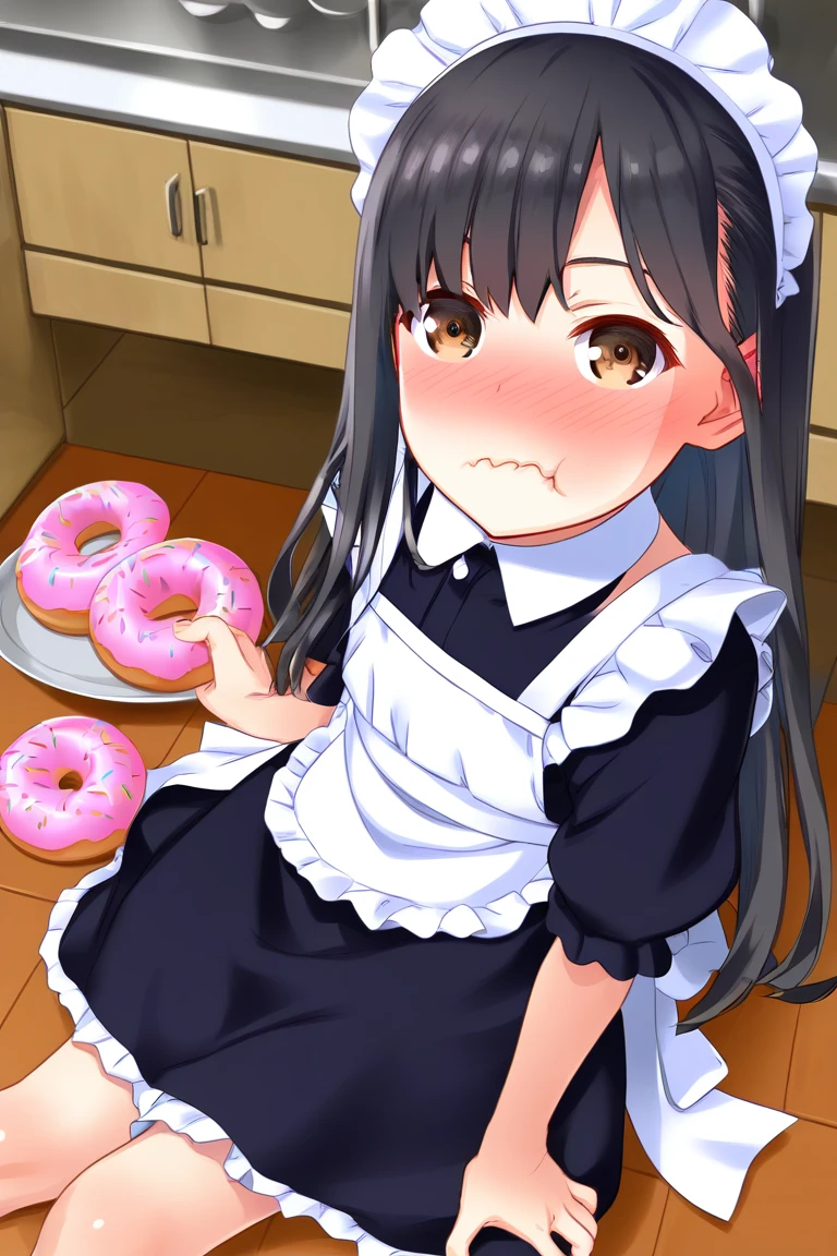 score_9, score_8_up, score_7_up, rating_safe BREAK
1girl, (wawawa), puffy cheeks, surprised, shocked, (embarrased, full-face blush:1.2), looking at viewer, long hair, black hair, brown eyes, black dress, maid dress, flat chest, sitting, on floor, eating, donuts, food, stack of plates, from above, (kitchen)