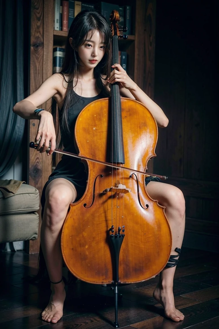 1girl, playing cello, cello,bow \(music\),

(bare foot, long and slender and beautiful legs),  black hair, sitting,  
 __str2__, __str1__, masterpiece, best quality,8k