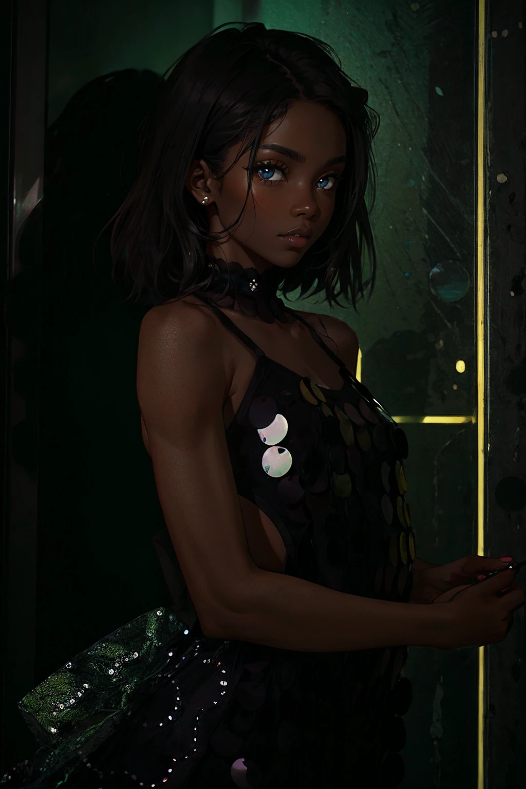 <lora:Black_Shiny_Dress_v1:1.2>, blue dress, dress, 1girl, solo, masterpiece, upper body, simple background, (large breasts:0.4), night club, indoors, indoors, neon noir, green neon, green reflections, bright, black skin, (dark skin:1.2), (african:1.2), (very dark skin:0.9)