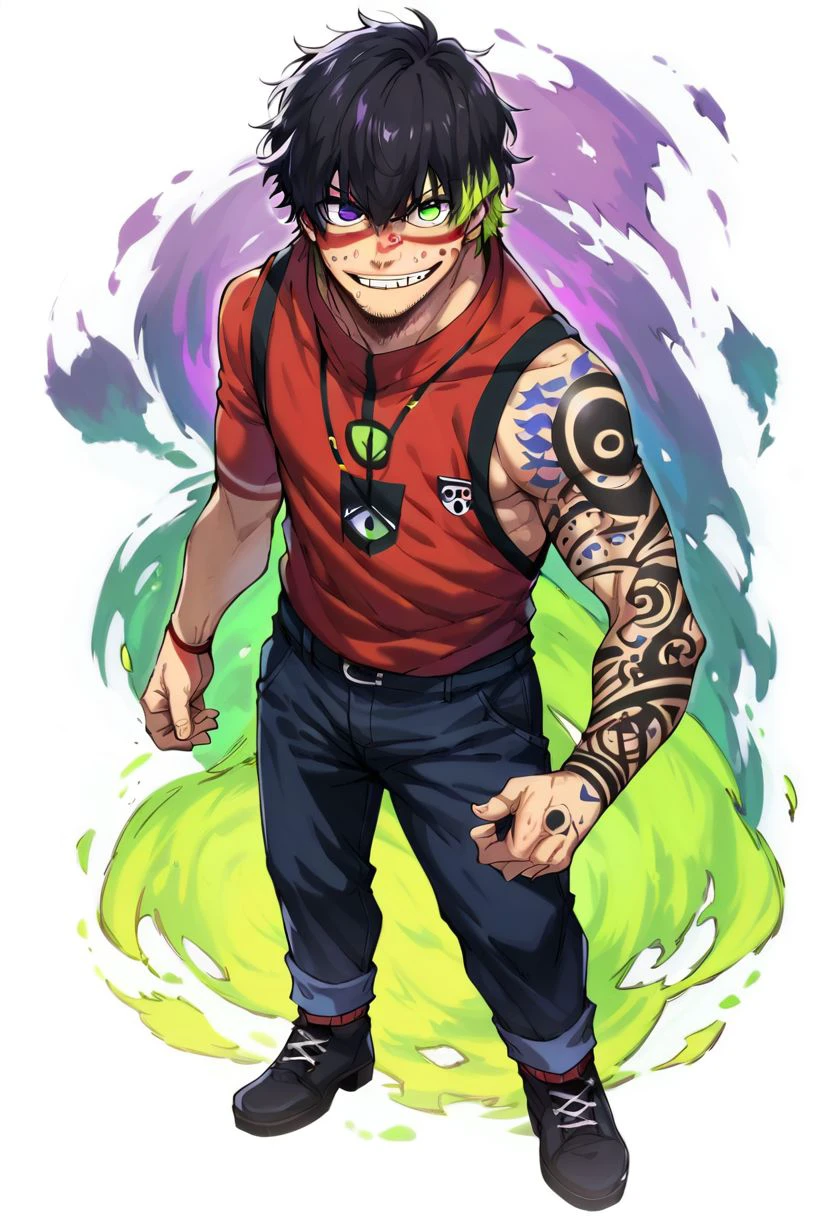 score_9, score_8_up, score_7_up, oliver aiku, 1boy, solo, black hair, green hair, heterochromia, purple eyes, green eyes, facial hair, stubble, tattoos, body paint, grin, standing, full body, looking at viewer,