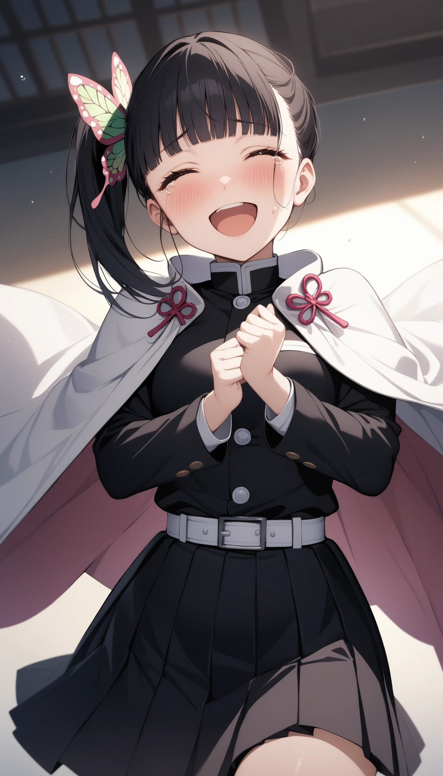 (masterpiece, best quality, very aesthetic, ultra detailed), intricate details,
1girl, tsuyuri kanao, kimetsu no yaiba, black hair, blunt bangs, side ponytail, butterfly hair ornament, demon slayer uniform, black jacket, pleated skirt, cape, happy, tears,