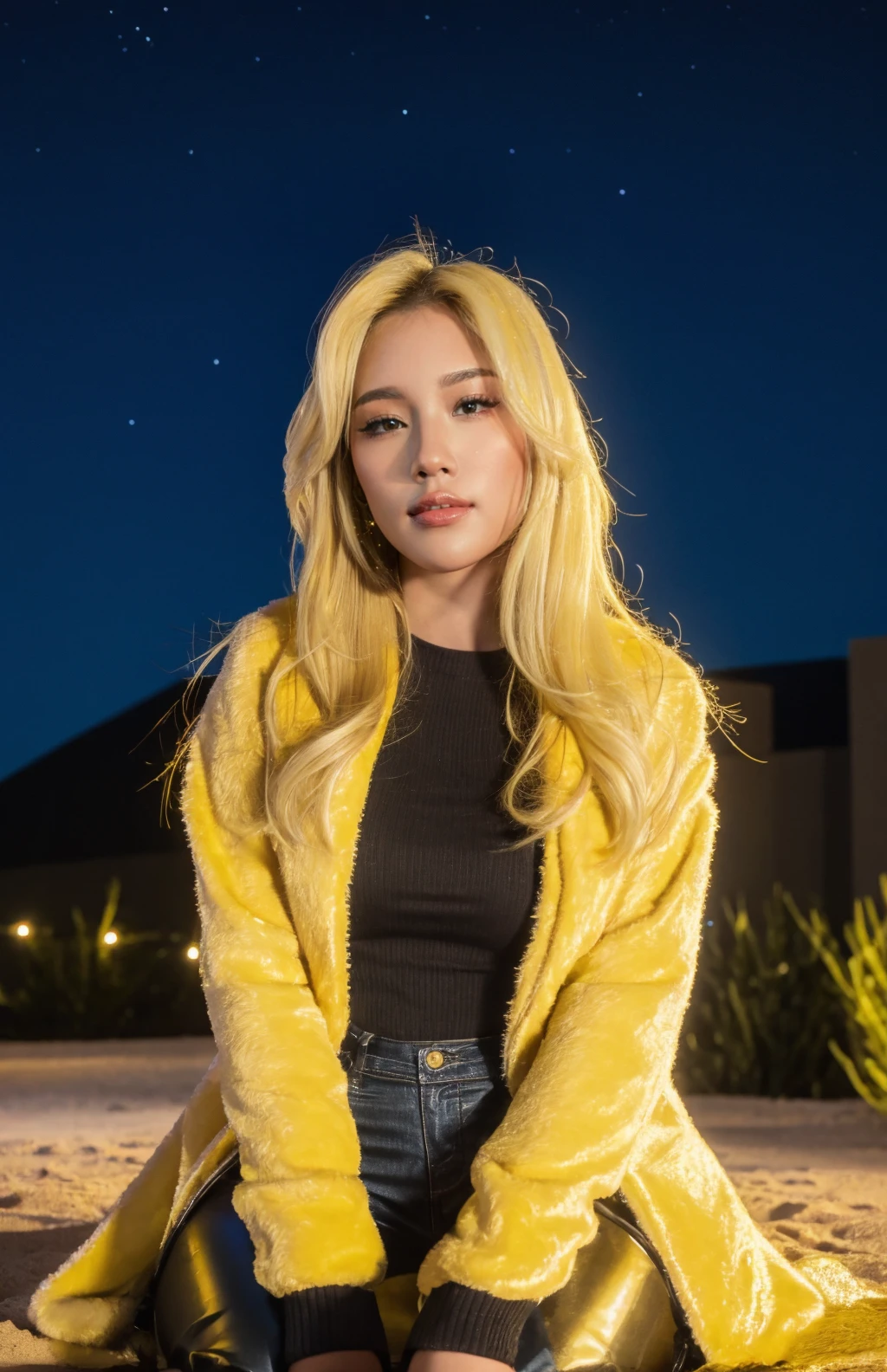 4k, 8k, ultra highres, raw photo in hdr, sharp focus, intricate texture,realistic, detailed facial features, highly detailed face, posing,perfect lighting,long hair,sitting,stars,twinkle,outdoors,space,yellow sparkles,night sky,detailed background,desert,sand,catus,blonde hair,straight eyebrows,cute,coat,<lora:BasiilLeaf1:0.7> BasiilLeaf