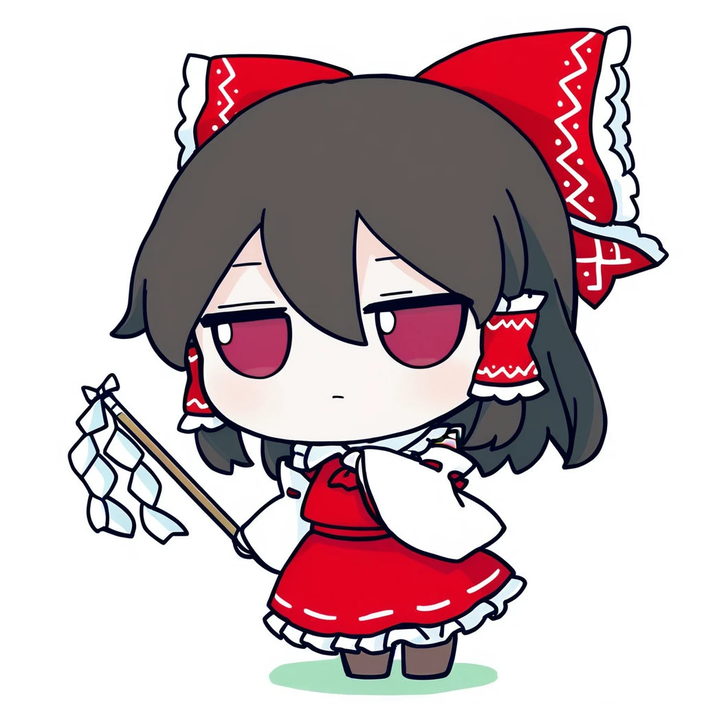 <lora:xl_fumo_(doll)(a3.1) :1>,1girl, hakurei reimu, gohei, bow, solo, red bow, hair tubes, white background, detached sleeves, hair bow, simple background, skirt, red eyes, ribbon trim, frills, red skirt, ribbon-trimmed sleeves, short hair, brown hair, wide sleeves, chibi, closed mouth, holding, sidelocks, full body, white collar, collar, standing, black hair, frilled bow, nontraditional miko, hair between eyes, masterpiece,best quality,