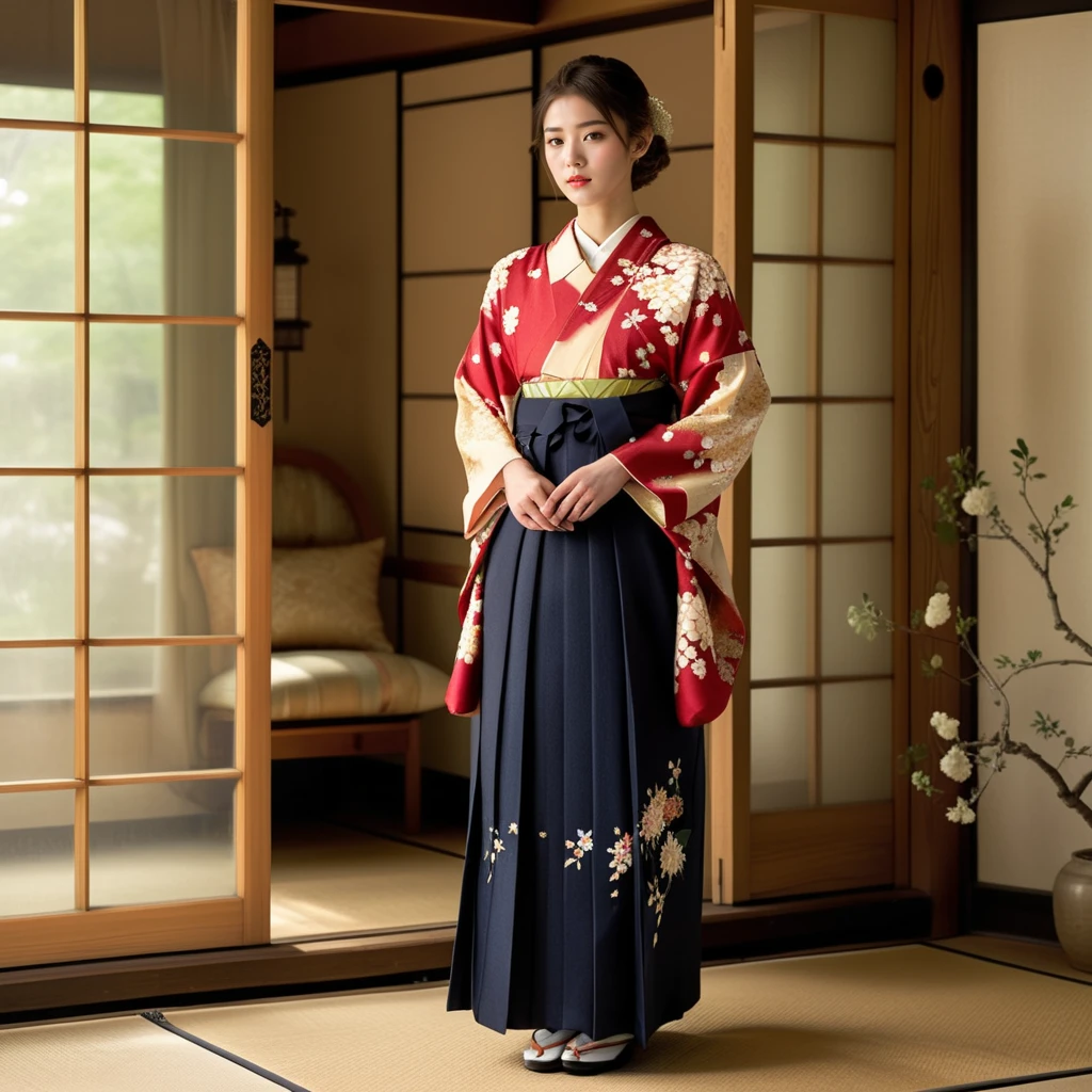 Generate a realistic image of a young girl dressed in Taisho-era clothing, specifically wearing a Hakama rental. Capture the elegance and historical accuracy of the outfit, highlighting the unique design and patterns characteristic of the period. The scene should reflect a serene and culturally rich setting, possibly with traditional Japanese elements in the background like sliding doors or a tranquil garden. Focus on the details of the Hakama, from its flowing fabric to the intricate accessories, showcasing the beauty and grace of traditional Japanese attire,full body, <lora:hakama:0.85>