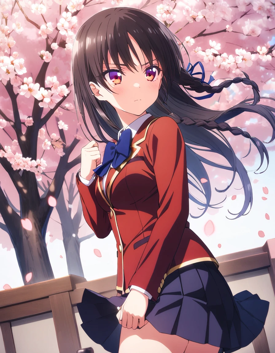 girl, horikita suzune, youkoso jitsuryoku shijou shugi no kyoushitsu e,  solo<lora:horikita_suzune_sdxl_v1.0:1>, cherry blossoms, braid, red school uniform, 
masterpiece, best quality, very aesthetic