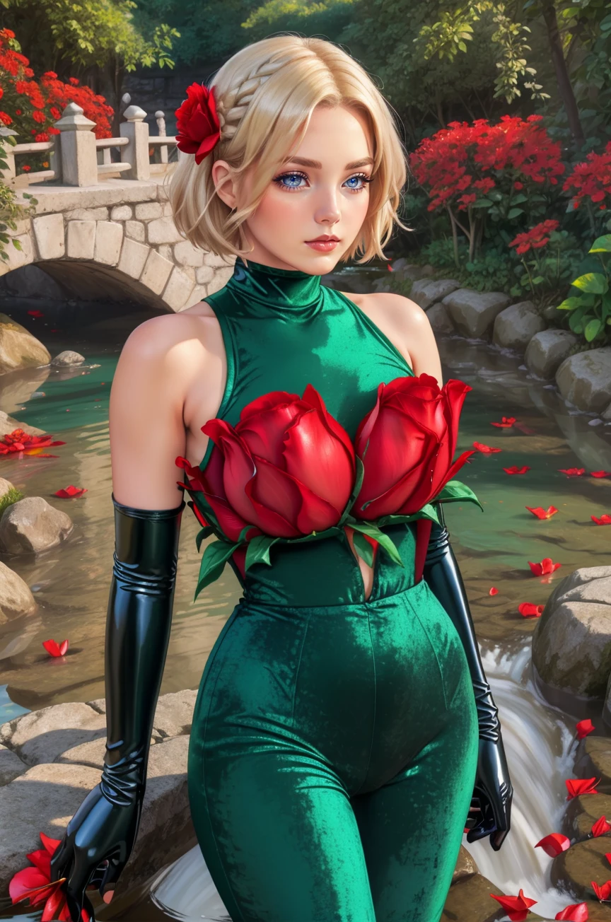 portrait, woman, surprised, Sleek buttery blonde A-line bob hairstyle , high quality, best quality,  hud_spr_bdysut, bare shoulders, ((latex)),  (red flower petal shirt), bodysuit, green crushed velvet pants, gloves, <lora:hud_spr_bdysut:0.75>, Arched stone bridge over a tranquil stream,