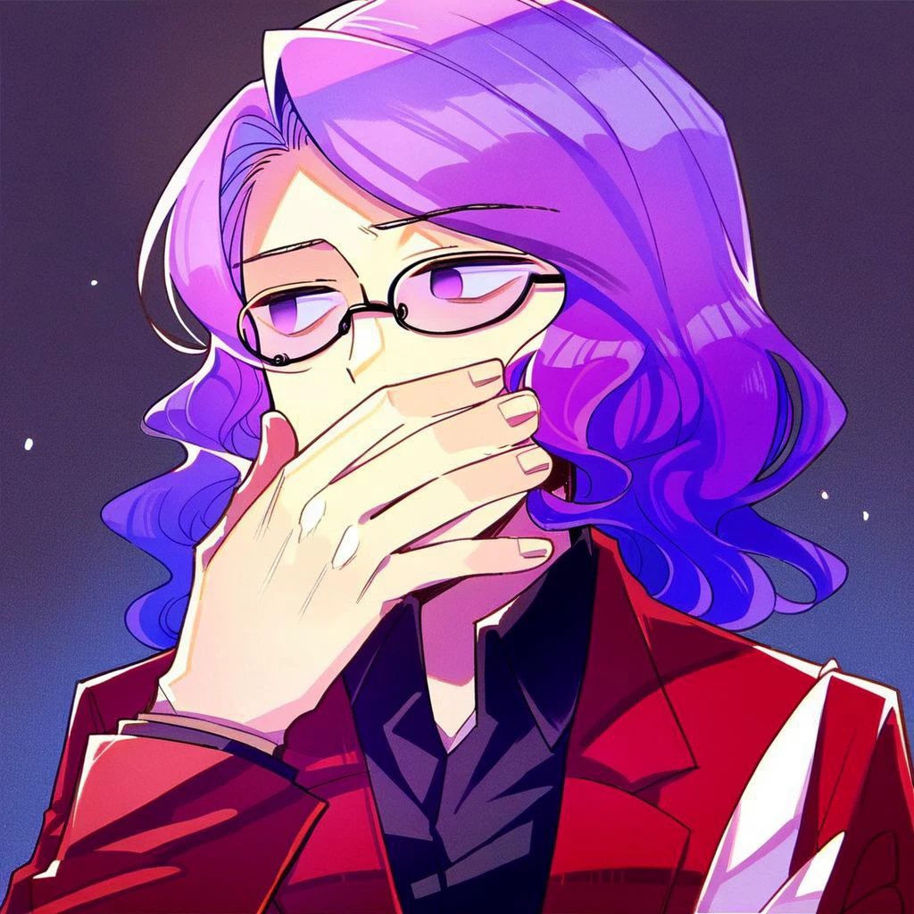 score_9, score_8_up, score_7_up, score_6_up, score_5_up, score_4_up,, 1boy, purple hair, wavy hair, purple eyes, Red jacket, black shirt, collared shirt, red pants, formal, Glasses, portrait, empty eyes, looking to side, covering mouth