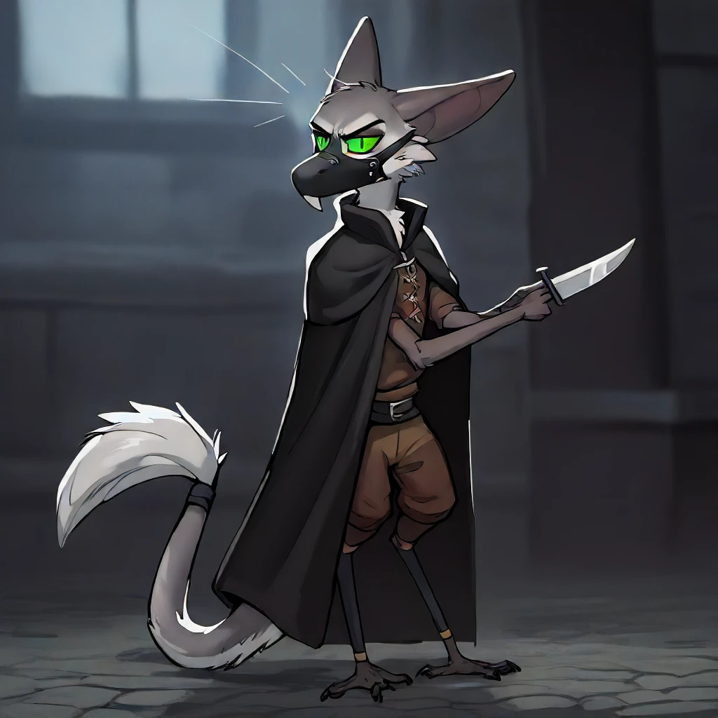 score_9, score_8_up, score_7_up, score_6_up, score_5_up, score_4_up, score_3_up, score_2_up, male yinglet, medieval rogue, black cloak and clothes, grey fur, green eyes, black mask, holding knife, annoyed