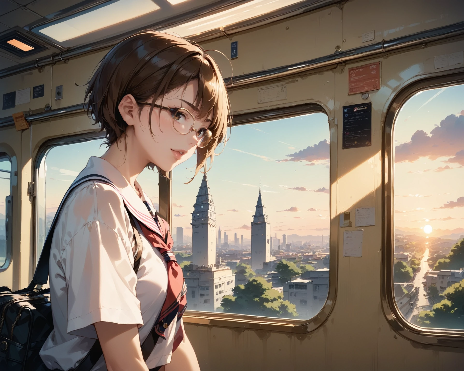 score_9,score_8_up,score_7_up,
best_quality,masterpiece,
2d-animestyle,
BREAK
1girl,
glasses,
school_uniform,
upper_body,
sunset,
indoors,
train_interior,
window,
cityscape,