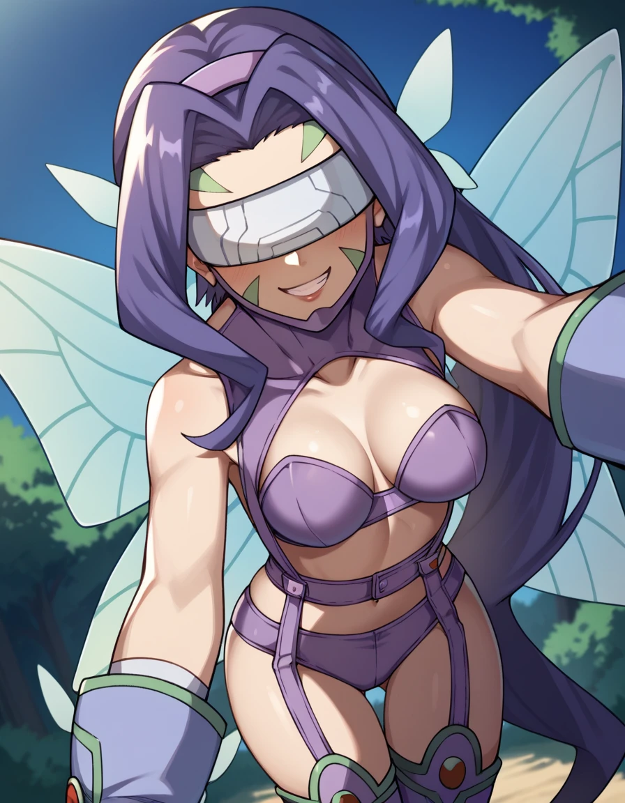 score_4, score_5, score_6, score_9, score_8_up, score_7_up, 1girl,  <lora:kazemon:1> kazemonxl, kazemon, visor, purple hair, very long hair, digimon (creature), hair ornament, covered eyes, purple bikini, garter straps, purple belt, thigh boots, purple hairband, white gloves, butterfly wings, standing, pov, selfie, seductive smile, nature, outdoors, sunset,  rating_general, dynamic light, dynamic shadows