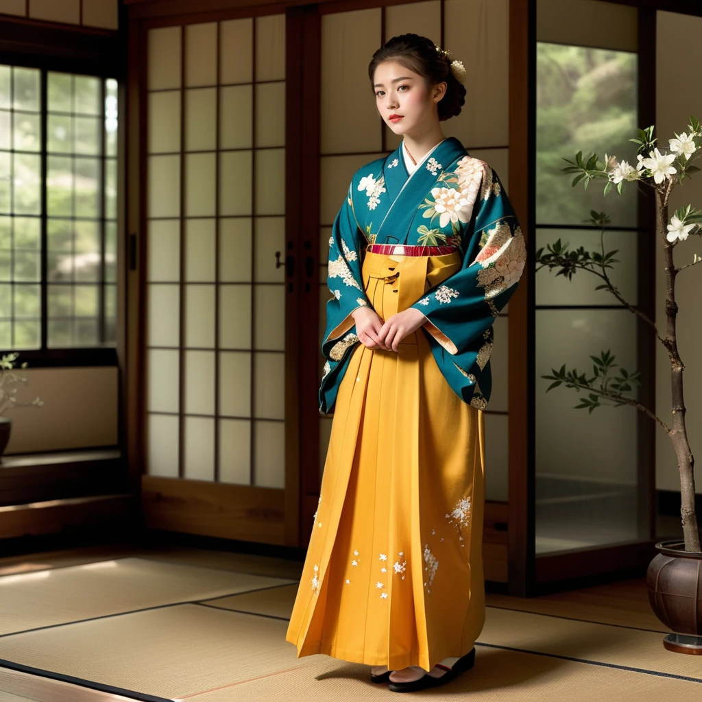 Generate a realistic image of a young girl dressed in Taisho-era clothing, specifically wearing a Hakama rental. Capture the elegance and historical accuracy of the outfit, highlighting the unique design and patterns characteristic of the period. The scene should reflect a serene and culturally rich setting, possibly with traditional Japanese elements in the background like sliding doors or a tranquil garden. Focus on the details of the Hakama, from its flowing fabric to the intricate accessories, showcasing the beauty and grace of traditional Japanese attire,full body, <lora:hakama:0.85>